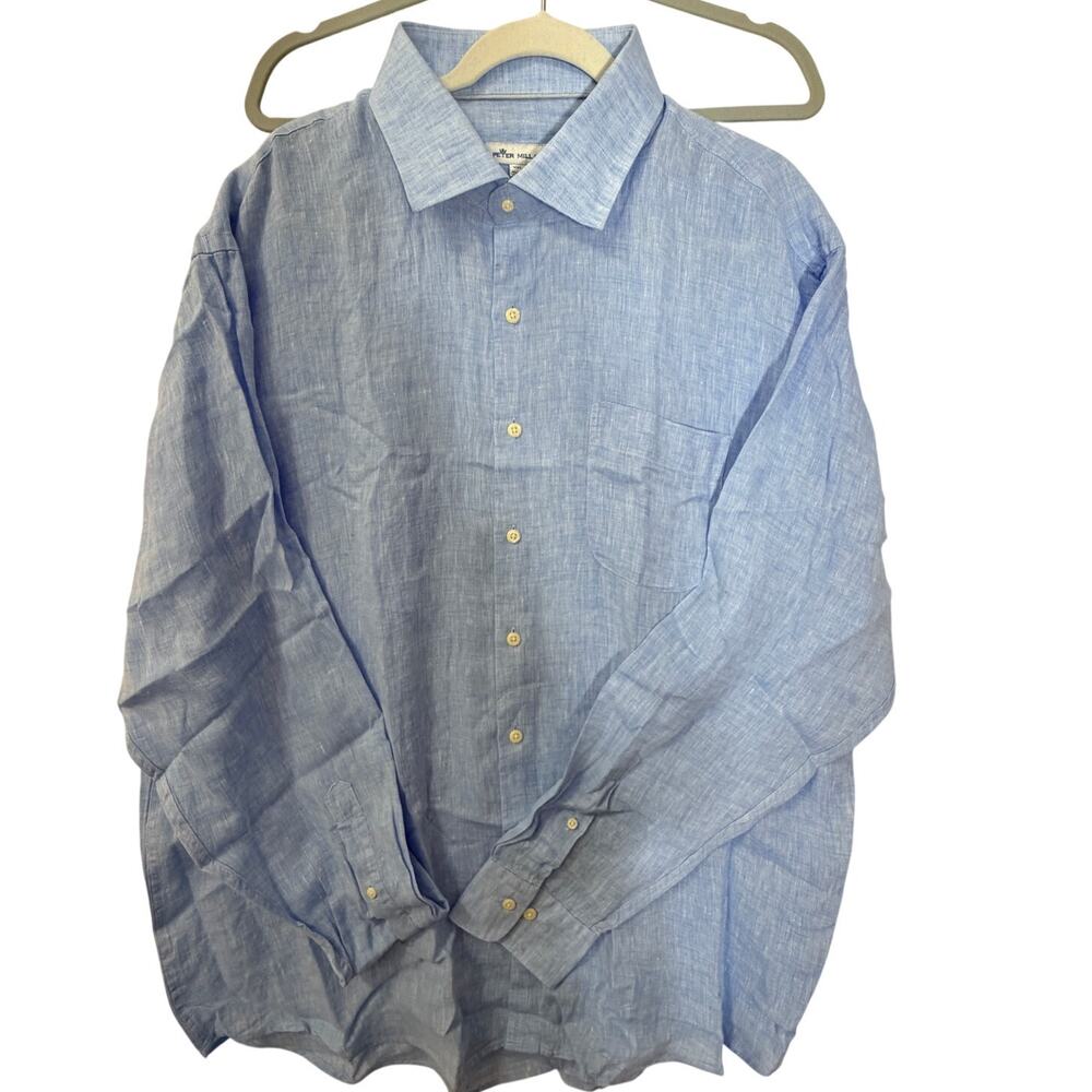 NWOT Peter Millar Linen Shirt XXL Blue Long Sleeve Lightweight Button Down